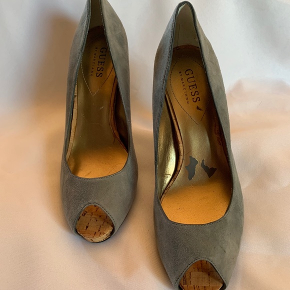 Guess By Marciano Gray Suede Feel Open Toe Heels with Cork Look Heels! - Picture 1 of 13